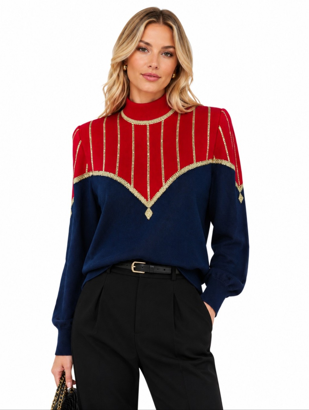 St John Evening By Marie Gray Embellished Mock Neck Sweater Red Navy Gold Size 4